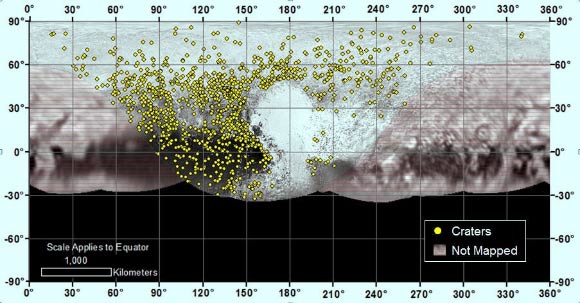 Locations of 1,070 craters mapped on Pluto by the New Horizons team indicate a wide range of surface ages, which likely means the dwarf planet has been geologically active throughout its history. Image credit: NASA / Johns Hopkins University Applied Physics Laboratory / Southwest Research Institute.