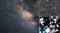 Left: a ground-based view of the Milky Way’s central bulge; giant dust clouds block most of the starlight coming from the galactic center. The Hubble Space Telescope, however, peered through a region (marked by the arrow) called the Sagittarius Window, which offers a keyhole view into the galaxy’s hub. Upper right: this is a small section of Hubble’s view of the dense collection of stars crammed together in the galactic bulge. Lower right: a sample of 4 out of the 70 brightest white dwarfs spied by Hubble in the Milky Way Galaxy’s central bulge. The numbers in the inset images correspond to the stars’ location in the larger Hubble view. Image credit: NASA / ESA / A. Calamida & K. Sahu, STScI / SWEEPS Science Team / A. Fujii.