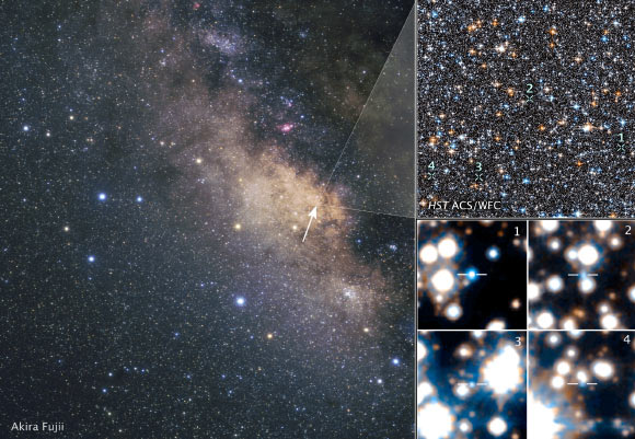 Left: a ground-based view of the Milky Way’s central bulge; giant dust clouds block most of the starlight coming from the galactic center. The Hubble Space Telescope, however, peered through a region (marked by the arrow) called the Sagittarius Window, which offers a keyhole view into the galaxy’s hub. Upper right: this is a small section of Hubble’s view of the dense collection of stars crammed together in the galactic bulge. Lower right: a sample of 4 out of the 70 brightest white dwarfs spied by Hubble in the Milky Way Galaxy’s central bulge. The numbers in the inset images correspond to the stars’ location in the larger Hubble view. Image credit: NASA / ESA / A. Calamida & K. Sahu, STScI / SWEEPS Science Team / A. Fujii.
