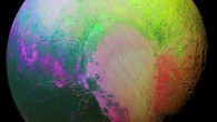 This false-color image of Pluto was presented this week at the 47th Annual Division for Planetary Sciences Meeting. Image credit: NASA / Johns Hopkins University Applied Physics Laboratory / Southwest Research Institute.