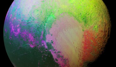 This false-color image of Pluto was presented this week at the 47th Annual Division for Planetary Sciences Meeting. Image credit: NASA / Johns Hopkins University Applied Physics Laboratory / Southwest Research Institute.