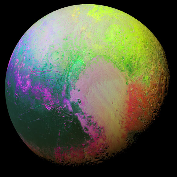 This false-color image of Pluto was presented this week at the 47th Annual Division for Planetary Sciences Meeting. Image credit: NASA / Johns Hopkins University Applied Physics Laboratory / Southwest Research Institute.