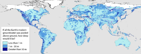 The global distribution of modern groundwater as a depth if it was extracted and pooled at the land surface like a flood. Image credit: Karyn Ho.