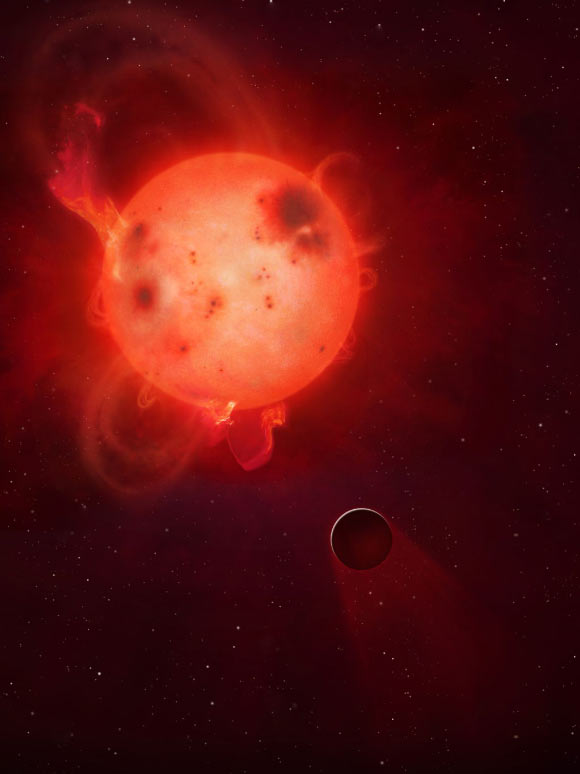Kepler-438b is shown here in front of its violent parent star, Kepler-438. Image credit: Mark A. Garlick / University of Warwick.