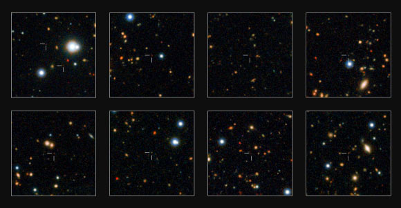 The VISTA telescope has discovered a horde of previously hidden giant galaxies that existed when the Universe was in its infancy. By discovering and studying more of these galaxies than ever before, astronomers have for the first time found out exactly when such galaxies first appeared. A few of the newly discovered early galaxies are shown in this image. Image credit: ESO / UltraVISTA Team / TERAPIX / CNRS / INSU / CASU.