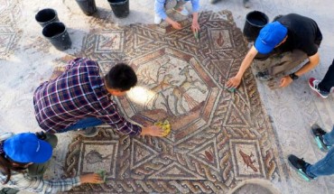 Part of the 1,700-year-old mosaic floor unearthed in Israel. Image credit: Assaf Peretz / Israel Antiquities Authority.