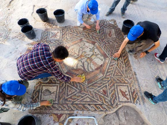 Part of the 1,700-year-old mosaic floor unearthed in Israel. Image credit: Assaf Peretz / Israel Antiquities Authority.