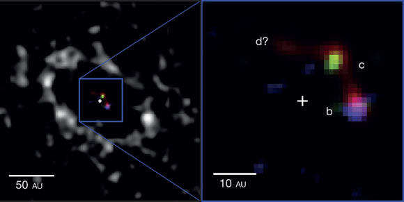 Left: composite image of the young planetary system LkCa 15. Right: zoomed in composite image of LBT and Magellan observations, with LkCa 15b, c, and d marked. Image credit: Stephanie Sallum et al.