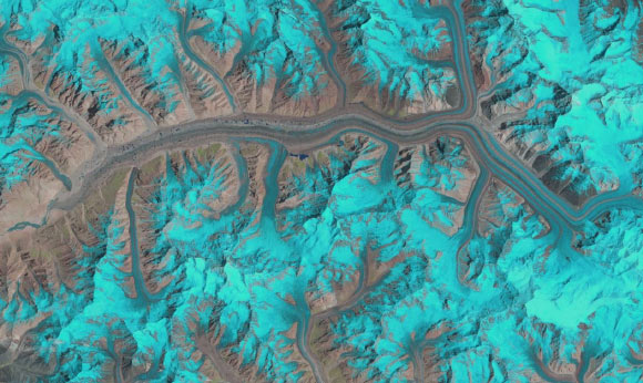 Still from the Baltoro glacier animation. Image credit: Frank Paul / Cryosphere / USGS / NASA / CC-BY 3.0.