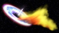 This artist’s impression shows a supermassive black hole consuming a star that has been torn apart by the black hole’s gravity; as a result of this ‘meal’ the black hole begins to launch a powerful jet that astronomers can detect with radio telescopes. Image credit: NASA / Goddard Space Flight Center / Swift.