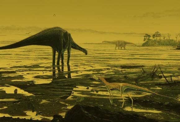 An artist’s impression of giant sauropods on the Isle of Skye, Scotland. Image credit: Jon Hoad.