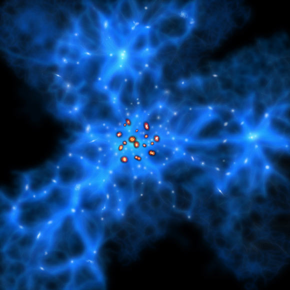 Visualization of the proto-Great Wall and submillimeter galaxies. Image credit: National Astronomical Observatory of Japan.
