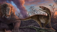 Triassic creatures escaping from an erupting volcano 235 million years ago in northwestern Argentina. These species, found as fossils in the Chañares Formation, include early mammal relatives - (the dicynodont Dinodontosaurus in the left background, and the cynodont Massetognathus in the left foreground) and early dinosaur relatives (Lewisuchus in the right background, and Lagerpeton in the right foreground). Image credit: Victor Leshyk.