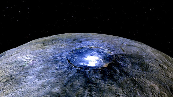 Occator crater (center) appears to be among the youngest features on Ceres. Dawn mission scientists estimate its age to be about 78 million years old. Image credit: NASA / JPL-Caltech / UCLA / MPS / DLR / IDA.