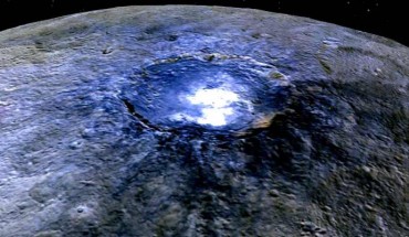 Occator crater (center) appears to be among the youngest features on Ceres. Dawn mission scientists estimate its age to be about 78 million years old. Image credit: NASA / JPL-Caltech / UCLA / MPS / DLR / IDA.