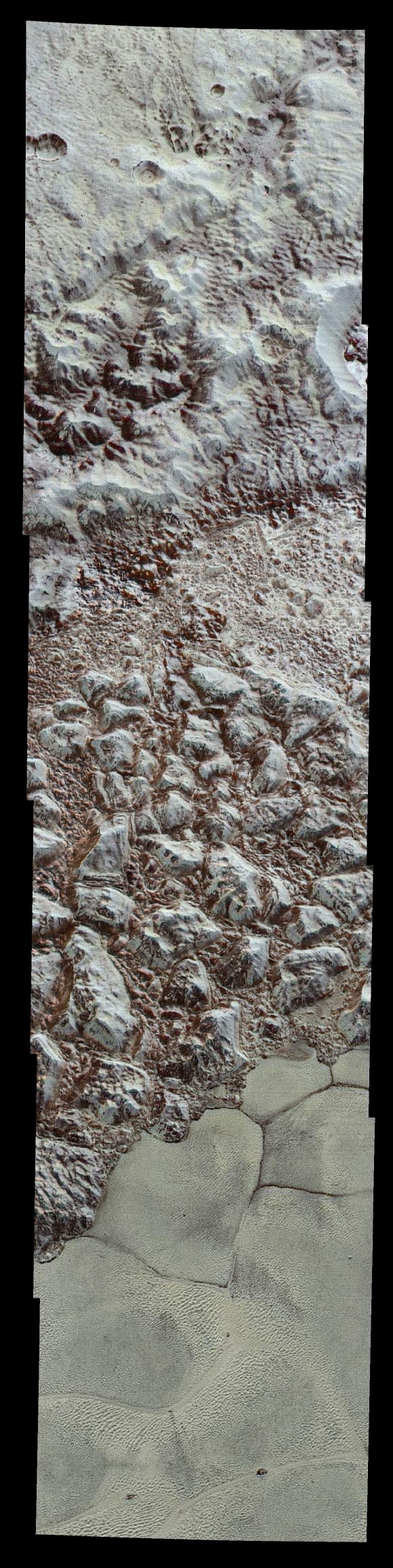 Wide variety of cratered, mountainous and glacial terrains seen in this enhanced color mosaic gives scientists a high-resolution window into Pluto’s geology. The top of the image is to Pluto’s northwest. Image credit: NASA / Johns Hopkins University Applied Physics Laboratory / Southwest Research Institute.