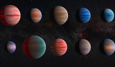 This image shows an artist’s impression of the ten hot Jupiter exoplanets studied by the astronomers. The images are to scale with each other. HAT-P-12b, the smallest of them, is approximately the size of Jupiter, while WASP-17b, the largest planet in the sample, is almost twice the size. The planets are also depicted with a variety of different cloud properties. Image credit: NASA / ESA / Hubble.