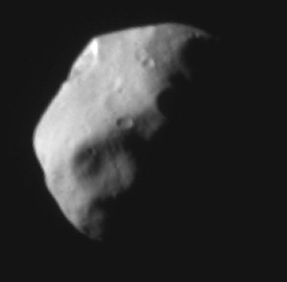 This panchromatic image of Pluto’s small moon Nix was taken on July 14, from a distance of 14,000 miles. The illuminated surface is about 12 x 29 miles (19 x 47 km). Image credit: NASA / Johns Hopkins University Applied Physics Laboratory / Southwest Research Institute.