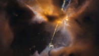 The two streams crossing the image are jets of hot gas, ejected from the poles of a protostar. If the jets collide with the surrounding gas and dust they can clear vast spaces, and create curved shock waves, seen as knotted clumps called Herbig-Haro objects. Image credit: NASA / ESA / Hubble / D. Padgett, GSFC / T. Megeath, University of Toledo / B. Reipurth, University of Hawaii.