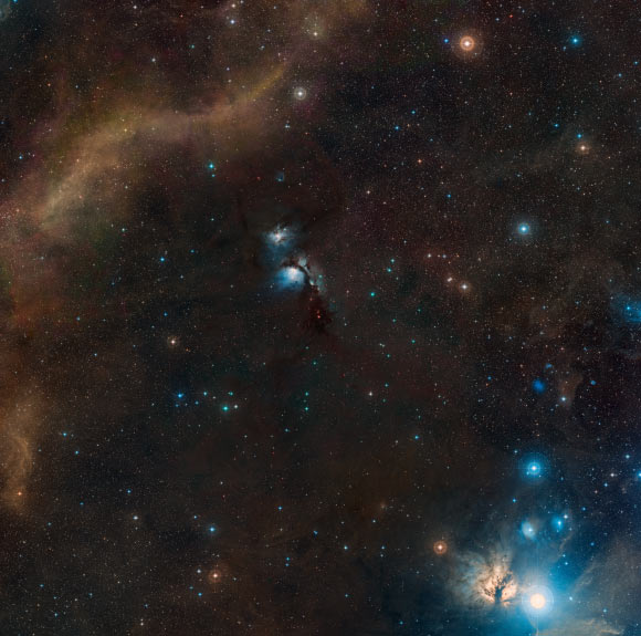 This image shows the Herbig-Haro object HH 24 and the surrounding sky as it is seen from the ground. Image credit: NASA / ESA / Digitized Sky Survey 2 / Davide De Martin.