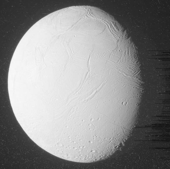 This unprocessed image was taken during Cassini’s close approach to Enceladus on December 19, 2015, and received on Earth day later. Image credit: NASA / JPL-Caltech / Space Science Institute.
