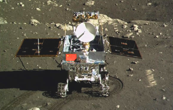 The Chinese lunar rover Yutu, photographed by its lander Chang’e-3, after the lander touched down in Mare Imbrium. Image credit: CNAS / CLEP.