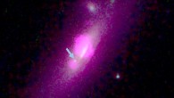 This composite image from the NASA/ESA Hubble Space Telescope and NASA’s Chandra X-ray Observatory shows the galaxy SDSS J112659.54+294442.8. The arrow points to the black hole that lost most of its stars due to gravitational stripping processes. Image credit: NASA / ESA / Hubble Team / Chandra Team / Julia M. Comerford et al.