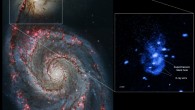 Messier 51 (M51) system of galaxies: the main panel shows M51 in visible light data from NASA’s Hubble Space Telescope (red, green, and blue); the box at the top outlines the field of view by Chandra in the latest study, which focuses on the smaller component of M51, NGC 5195; the inset to the right shows the details of the Chandra data (blue) of this region. Dr Schlegel and co-authors found a pair of arcs in X-ray emission close to the center of NGC 5195, which they interpret as two outbursts from the galaxy’s supermassive black. They estimate that it took about one to three million years for the inner arc to reach its current position, and three to six million years for the outer arc. Image credit: X-ray – NASA / CXC / University of Texas / E.Schlegel et al; optical – NASA / STScI.