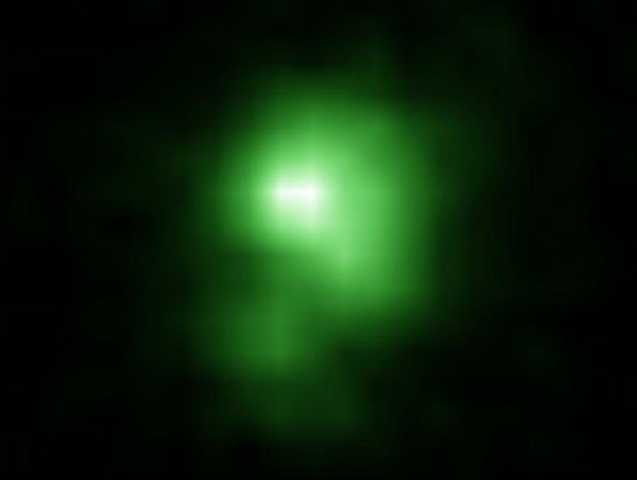 This Hubble image shows the green pea galaxy J0925+1403. Image credit: NASA.