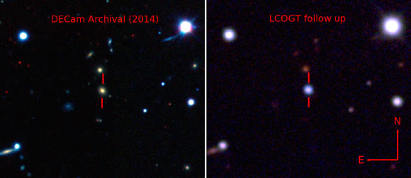 Left: pseudo-color image of the host galaxy before the explosion of ASASSN-15lh taken by the Dark Energy Camera. Right: image of ASASSN-15lh by the Las Cumbres Observatory Global Telescope Network. Image credit: Dark Energy Survey / B. Shappee / ASAS-SN Team.