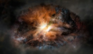 This is an artist’s impression of the hot, dust-obscured galaxy W2246-0526. Image credit: NRAO / AUI / NSF / Dana Berry / SkyWorks / ALMA / ESO / NAOJ.