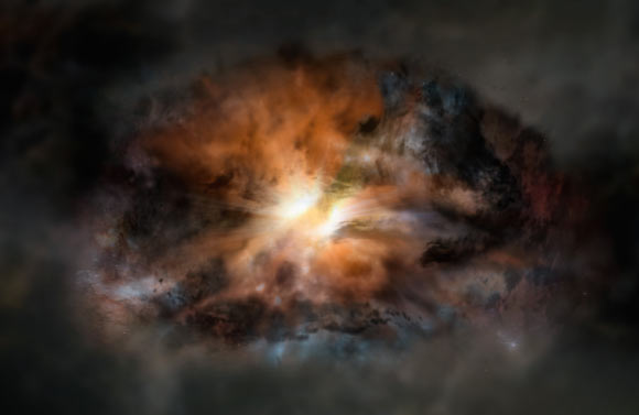This is an artist’s impression of the hot, dust-obscured galaxy W2246-0526. Image credit: NRAO / AUI / NSF / Dana Berry / SkyWorks / ALMA / ESO / NAOJ.