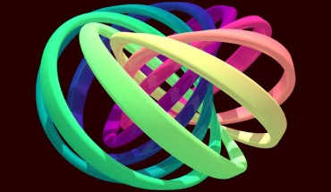 Visualization of the structure of the created quantum knot: each colorful band represents a set of nearby directions of the quantum field that is knotted; note that each band is twisted and linked with the others once; untying the knot requires the bands to separate, which is not possible without breaking them. Image credit: David Hall.