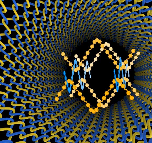 COF-505 is the first 3D covalent organic framework to be made by weaving together helical organic threads. Image credit: Berkeley Lab.