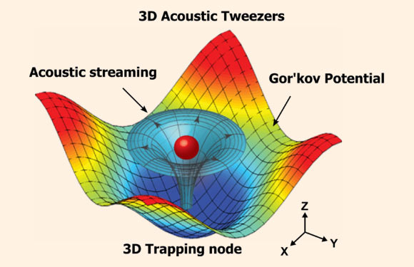 Numerical simulation results mapping the acoustic field around a particle that shows the physical operating principle for the 3D acoustic tweezers. 3D trapping node in the microfluidic chamber is created by two superimposed, orthogonal, standing surface acoustic waves and the induced acoustic streaming. Image credit: Tony Jun Huang / Pennsylvania State University.