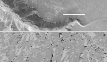The hummingbird glyph and its surroundings in the Nasca site as seen by standard photography, top, and by NASA’s UAVSAR radar. Dark areas in the UAVSAR image are where the site has been disturbed. Image credit: Google, Digital Globe / NASA / JPL-Caltech.