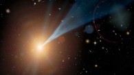 This artist’s concept shows an active supermassive black hole with a jet streaming outward at nearly the speed of light. Such black holes are often found at the hearts of elliptical galaxies. Not all black holes have jets, but when they do, the jets can be pointed in any direction. If a jet happens to shine at Earth, the object is called a blazar. Image credit: NASA / JPL-Caltech.