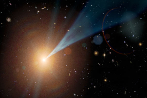 This artist’s concept shows an active supermassive black hole with a jet streaming outward at nearly the speed of light. Such black holes are often found at the hearts of elliptical galaxies. Not all black holes have jets, but when they do, the jets can be pointed in any direction. If a jet happens to shine at Earth, the object is called a blazar. Image credit: NASA / JPL-Caltech.