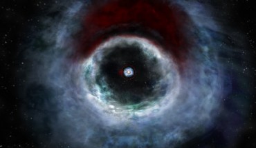 An artist impression of HD 142527 based on ALMA data. According to astronomers, HD 142527 consists of a main star a little more than twice the mass of our Sun and a smaller companion star only about a third the mass of our Sun; they are separated by approximately one billion miles. The rendition shows a distinctive arc of dust (red) embedded in the protoplanetary disk. The red arc is free of gas, suggesting the carbon monoxide has frozen out, forming a layer of frost on the dust grains in that region. Astronomers speculate this frost provides a boost to planet formation. The two dots in the center represent the two stars in the system. Image credit: B. Saxton / NRAO / AUI / NSF.