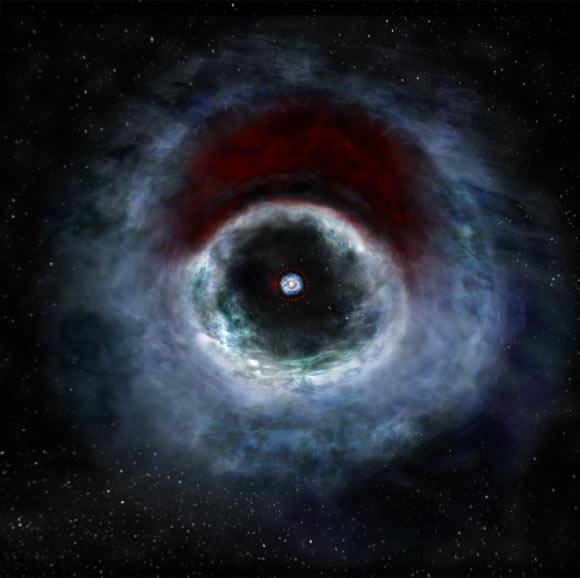 An artist impression of HD 142527 based on ALMA data. According to astronomers, HD 142527 consists of a main star a little more than twice the mass of our Sun and a smaller companion star only about a third the mass of our Sun; they are separated by approximately one billion miles. The rendition shows a distinctive arc of dust (red) embedded in the protoplanetary disk. The red arc is free of gas, suggesting the carbon monoxide has frozen out, forming a layer of frost on the dust grains in that region. Astronomers speculate this frost provides a boost to planet formation. The two dots in the center represent the two stars in the system. Image credit: B. Saxton / NRAO / AUI / NSF.