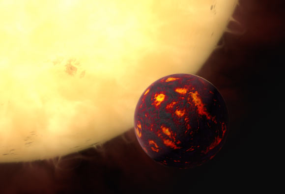 An artist’s impression of the exoplanet 55 Cancri e. According to Tsiaras and co-authors, the atmosphere of this planet consists mainly of hydrogen and helium. Image credit: NASA / ESA / Hubble Space Telescope.