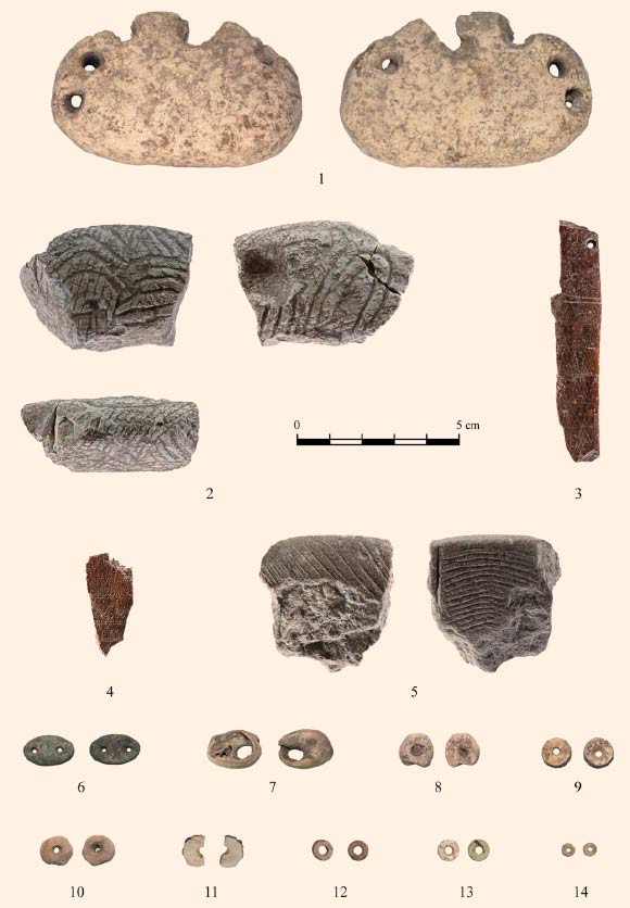 Artifacts from NEG II: 1 - perforated piece; 2-5 - decorated objects; 6 - green stone spacers; 7 - shell bead; 8-10 - disc beads; 10, 12-14 - disc beads pre-forms. Image credit: Gabi Laron / Ella Klein, doi: 10.1371/journal.pone.0146647.