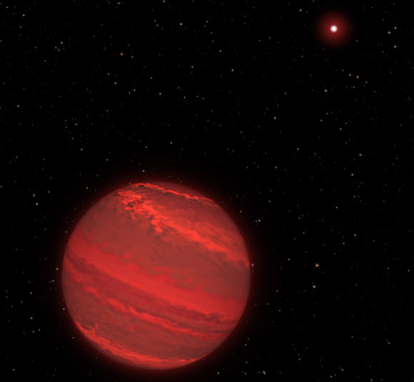 This is an illustration of the super-Jupiter 2M1207b and the brown dwarf 2M1207A. The planet completes one rotation every 10 hours - about the same rate as Jupiter. Because the planet is young, it is still contracting under gravity and radiating heat. The atmosphere is so hot that it rains molten glass and, at lower altitudes, molten iron. Because the planet is only 170 light-years away, many of the bright background stars that can be seen from Earth can be seen from the planet’s location in our Galaxy, including Sirius, Fomalhaut, and Alpha Centauri. Our Sun is a faint star in the background, located midway between Procyon and Altair. Image credit: NASA / ESA / G. Bacon, STScI / Y. Zhou, University of Arizona.
