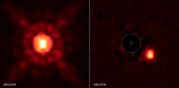 Brown dwarf 2M1207A and super-Jupiter 2M1207b. Left: Hubble near-infrared-light image of the brown dwarf. Right: when the glow of the brown dwarf is subtracted from the image, a smaller and fainter companion object -- 2M1207b -- becomes visible. Because 2M1207b is only 10 million years old, it is so hot it may rain molten glass and iron in its atmosphere. Hubble has measured fluctuations in the planet’s brightness that suggests the planet has patchy clouds as it completes one rotation every 10 hours. Image credit: NASA / ESA / Y. Zhou, University of Arizona.