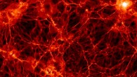 This slab cut from the cube generated by the Illustris simulation shows the distribution of baryonic (normal) matter, with a width and height of 350 million light-years and a thickness of 300,000 light-years. Image credit: Markus Haider / Illustris Collaboration.