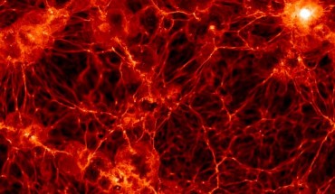 This slab cut from the cube generated by the Illustris simulation shows the distribution of baryonic (normal) matter, with a width and height of 350 million light-years and a thickness of 300,000 light-years. Image credit: Markus Haider / Illustris Collaboration.