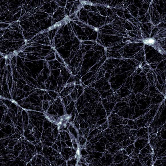 The same slice of data, this time showing the distribution of dark matter. Image credit: Markus Haider / Illustris Collaboration.