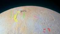 Vast canyons on Pluto’s north pole: the widest of the canyons is marked in yellow; smaller canyons are green; the valleys are blue and pink; irregularly-shaped pits are red. Image credit: NASA / Johns Hopkins University Applied Physics Laboratory / Southwest Research Institute.