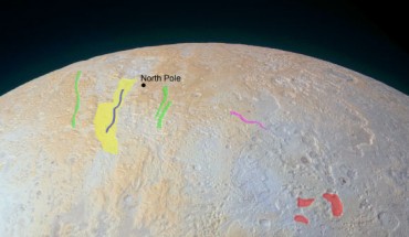 Vast canyons on Pluto’s north pole: the widest of the canyons is marked in yellow; smaller canyons are green; the valleys are blue and pink; irregularly-shaped pits are red. Image credit: NASA / Johns Hopkins University Applied Physics Laboratory / Southwest Research Institute.