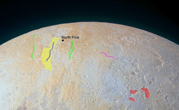 Vast canyons on Pluto’s north pole: the widest of the canyons is marked in yellow; smaller canyons are green; the valleys are blue and pink; irregularly-shaped pits are red. Image credit: NASA / Johns Hopkins University Applied Physics Laboratory / Southwest Research Institute.